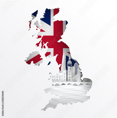 England map concept with famous landmark for travel postcard and poster, brochure, advertising in paper cut style vector illustration.