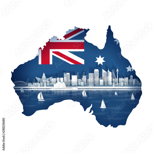 Australia map concept with flag and famous landmark for travel postcard and poster, brochure, advertising in paper cut style vector illustration photo