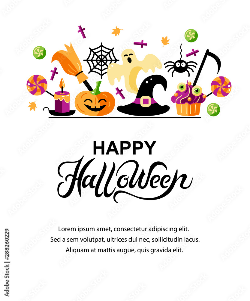 Halloween card with celebratory subjects. Hand drawn lettering Hello Halloween. Place for text. Flat style vector illustration. Great for party invitation, flyer, greeting card.