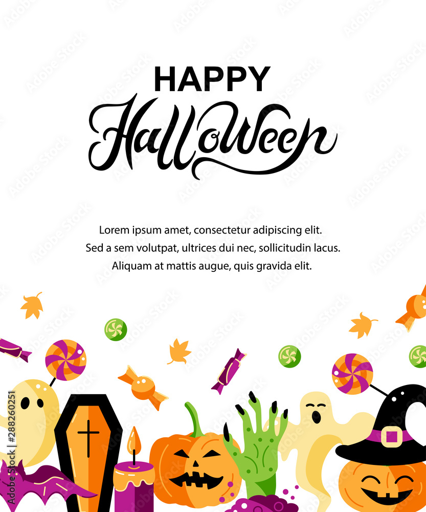 Halloween card with celebratory subjects. Hand drawn lettering Hello Halloween. Place for text. Flat style vector illustration. Great for party invitation, flyer, greeting card.
