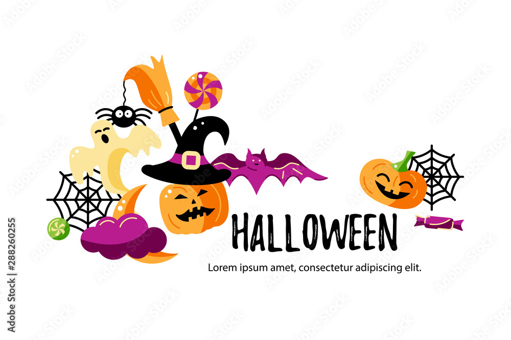 Halloween card with celebratory subjects. Place for text. Flat style vector illustration. Great for party invitation, flyer, greeting card, web, headline. Halloween card with celebratory subjects. Place for text. Flat style vector illustration. Great for party invitation, flyer, greeting card, web, headline.