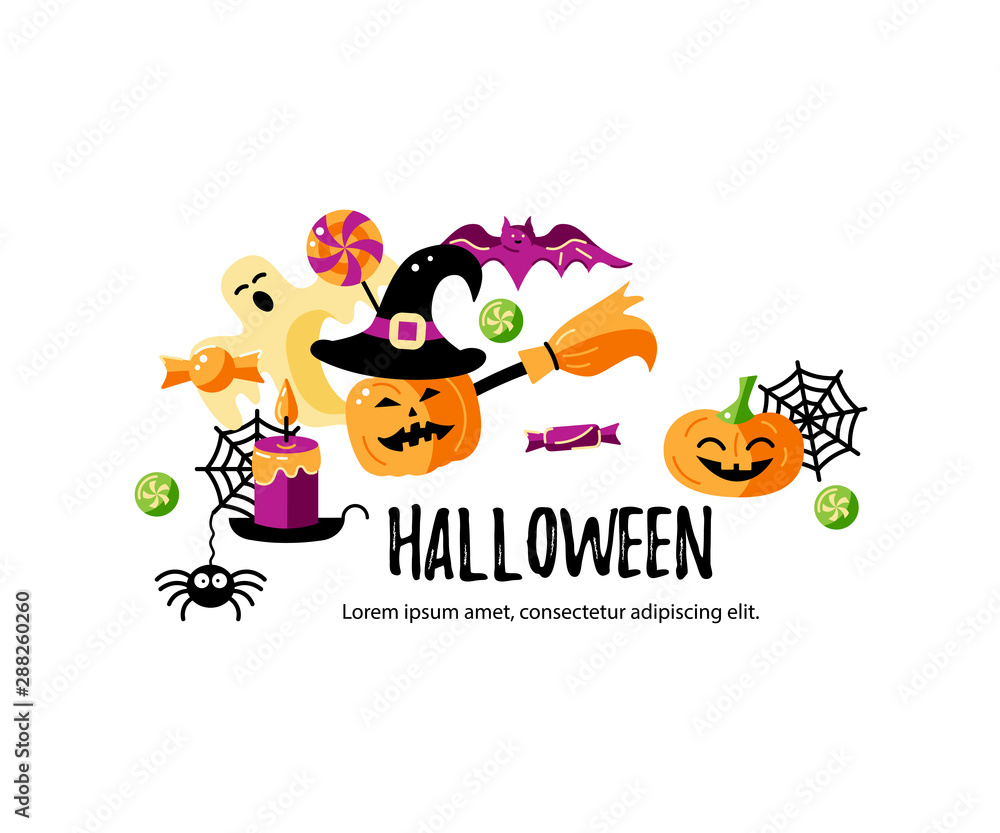 Fototapeta premium Halloween card with celebratory subjects. Place for text. Flat style vector illustration. Great for party invitation, flyer, greeting card, web, headline.