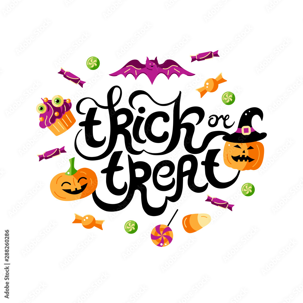 Trick or treat hand drawn lettering. Halloween card with celebratory subjects. Flat style vector illustration. Great for poster, greeting card, web, postcard.