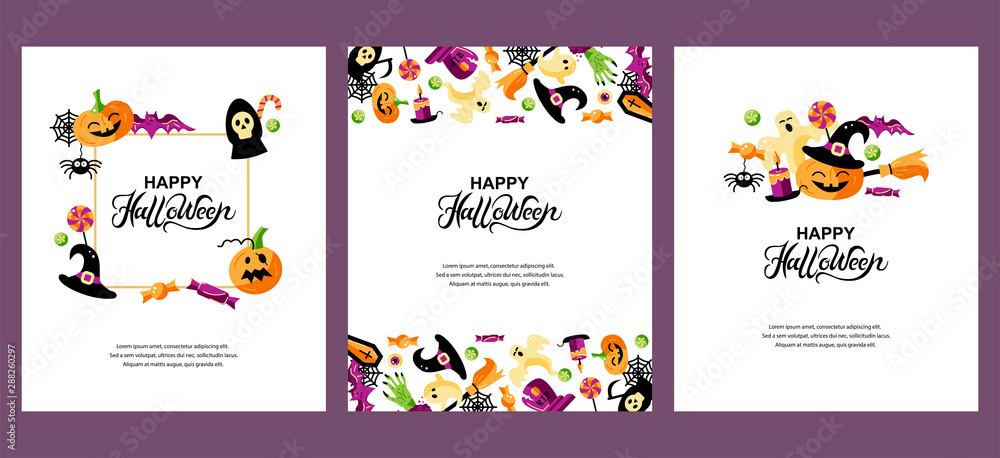 Halloween cards set with celebratory subjects. Handwriting lettering Halloween. Place for text. Flat style vector illustration. Great for party invitation, flyer, greeting card.
