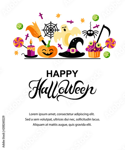 Halloween card with celebratory subjects. Hand drawn lettering Hello Halloween. Place for text. Flat style vector illustration. Great for party invitation, flyer, greeting card.