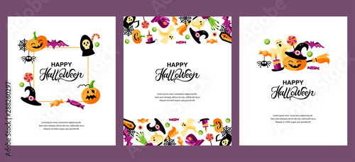Halloween cards set with celebratory subjects. Handwriting lettering Halloween. Place for text. Flat style vector illustration. Great for party invitation  flyer  greeting card.