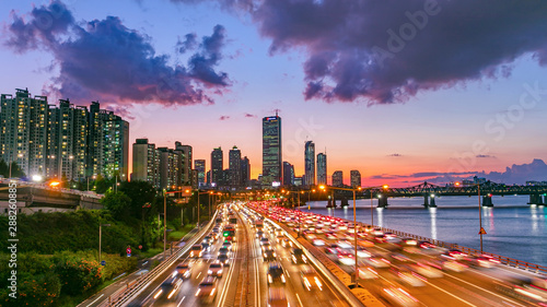 Traffic Seoul City and Seoul City Skyline at Sunset South Korea