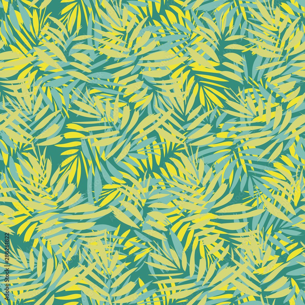 A seamless vector tropical pattern with overlapping palm leaves in yellow and teal green. Surface print design. A seamless vector tropical pattern with overlapping palm leaves in yellow and teal green. Surface print design.