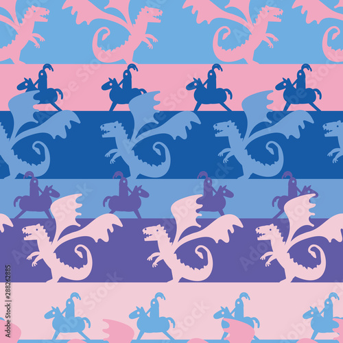 A seamless vector fairytale striped pattern with dragons and knights in pinks and blues. Surface print design.