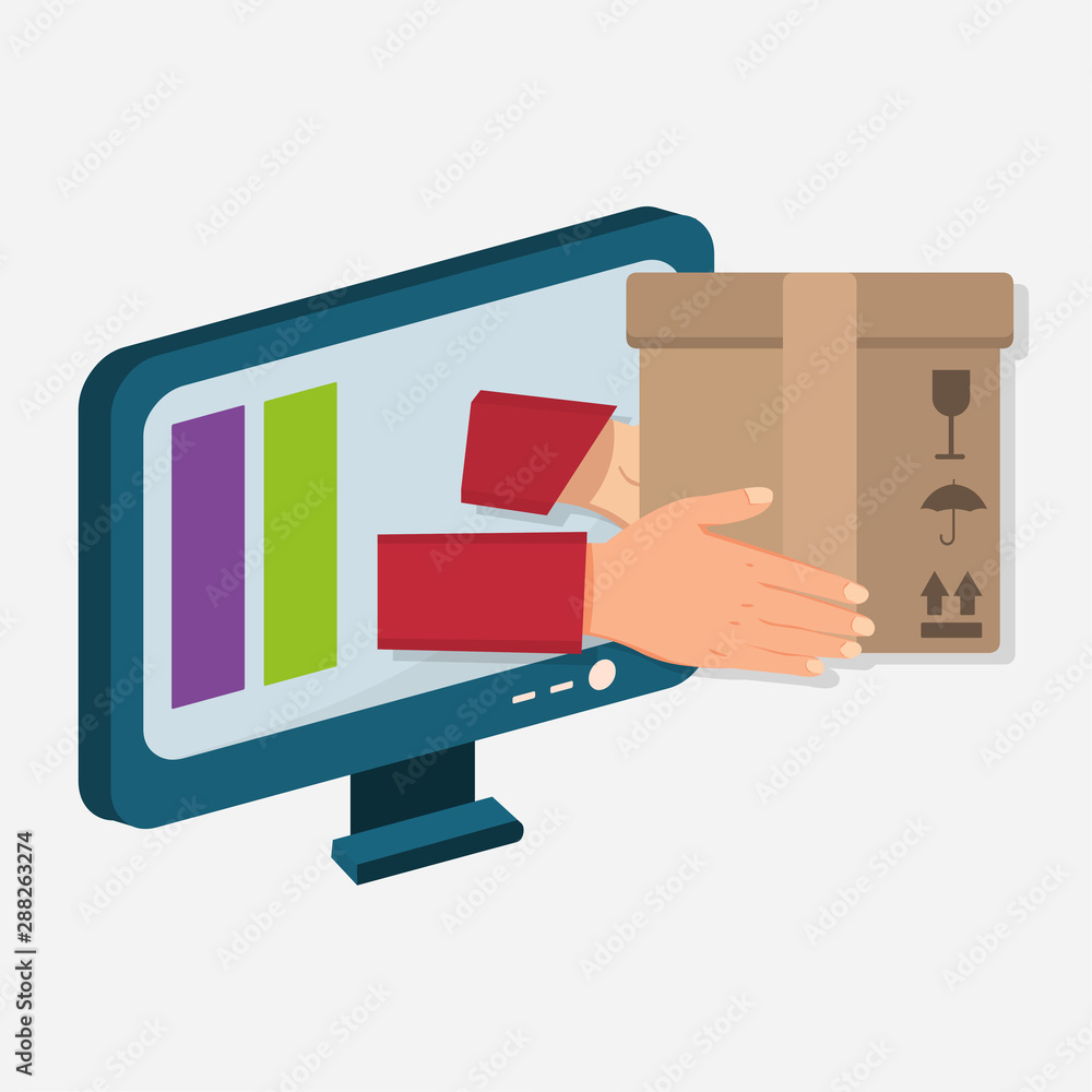 hand with cardboard come out from monitor for online delivery service concept vector illustration hand with cardboard come out from monitor for online delivery service concept vector illustration