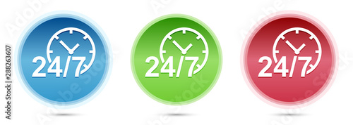 24/7 clock icon glass round buttons set illustration
