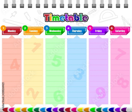 Weekly schedule or to do list timetable, with colorful crayon illustration template.