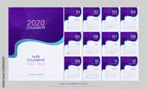islamic calendar 2020 hijri 1441-1442 design template. Liquid flow fluid colors wall and desk type. artwork A5 size with islamic pattern template. vector illustration