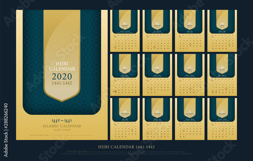 islamic calendar 2020 hijri 1441-1442 design template. Simple luxury elegant gold wall and desk type. artwork A5 size with islamic pattern template. vector illustration photo