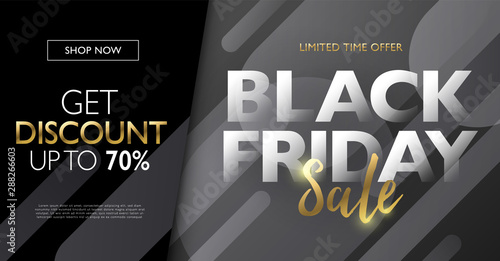 Black Friday sale with gold letters discount marketing banner concept. Abstract gradient round shape design element background. Vector illustration template.