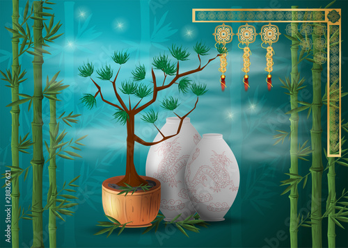 bonsai tree, coniferous in a pot next to Chinese vases among bamboo thickets