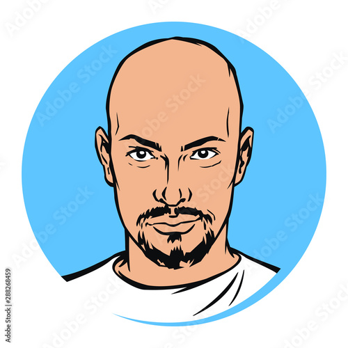 Illustration of a bald man with a beard. Vector. Fashionable brutal alpha male. Mascot for a beauty salon, studio. Modern male image.