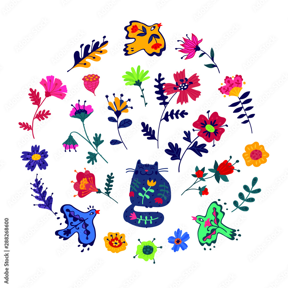 Decorative elements. Vector. Cute kitty, birds and beautiful flowers. Doodle flat style. Pattern for packaging and fabric. Drawing is isolated on a white background.
