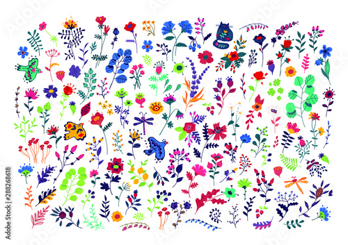 Large set of pattern of flowers. Vector. Decorative floral elements for a flower shop. Carpet from plants. Botany and floristry. Ornament for fabric. Summer and spring grass.