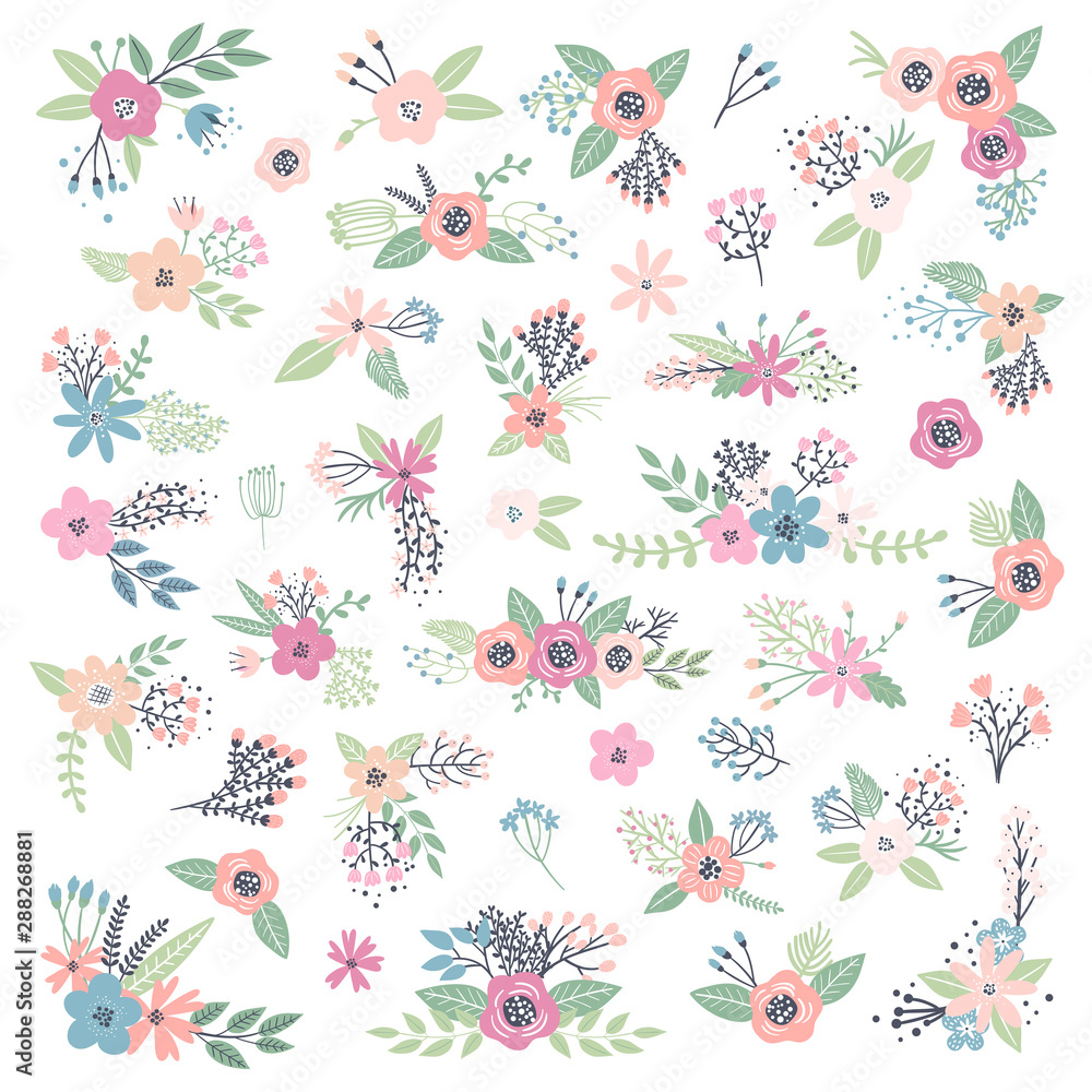 Set of colourful summer flower bouquets and leaves. Cartoon vector illustration Set of colourful summer flower bouquets and leaves. Cartoon vector illustration