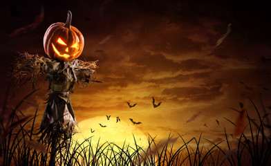 halloween pumpkin scarecrow on a wide field with the moon on a scary night