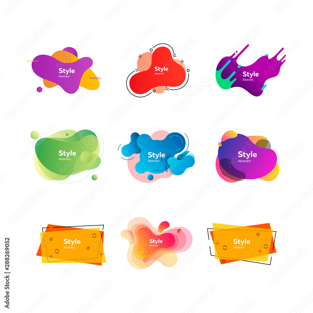 Set of trendy abstract elements. Gradient liquid shapes with multi layer effect. Templates for presentations, banners, flyers and apps. Vector illustration Set of trendy abstract elements. Gradient liquid shapes with multi layer effect. Templates for presentations, banners, flyers and apps. Vector illustration