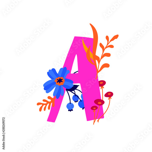 Latin letter A in flowers and plants. Vector. Letter in decorative elements for inscriptions. Company logo. Poster or monogram.