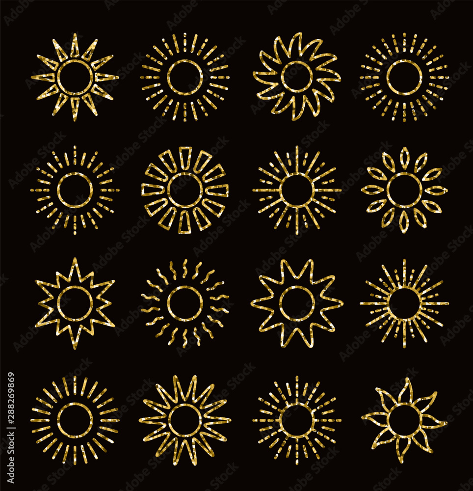 Golden glitter sun icons with different rays. Gold summer symbols with foil mosaic texture. Thin line sunlight signs. Isolated objects. Vector illustration