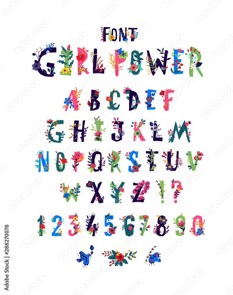 English alphabet in flowers and plants. Font Girl power. Latin letters in decorative elements. Letters for inscriptions. Health and beauty. Wedding invitation. Poster. English alphabet in flowers and plants. Font Girl power. Latin letters in decorative elements. Letters for inscriptions. Health and beauty. Wedding invitation. Poster.
