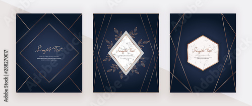 Luxury blue design cards with golden polygonal lines, marble frames. Trendy templates for banner, flyer, poster, greeting.