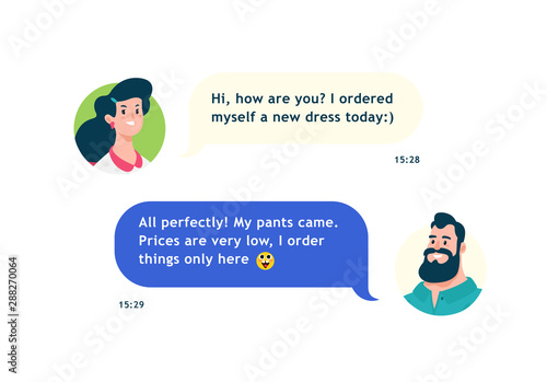 Chat avatars of a guy and a girl. Communication characters, interface elements. Layout for design projects. Chat and sent text messages. Husband and wife lead a freeloader through the messenger.