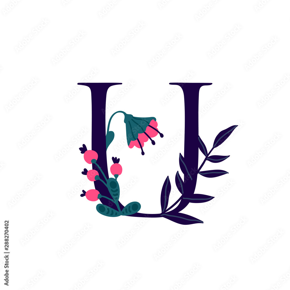 Latin letter U in flowers and plants. Letter in decorative elements for inscriptions. Company logo. Poster or monogram. Latin letter U in flowers and plants. Letter in decorative elements for inscriptions. Company logo. Poster or monogram.