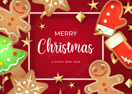 Merry Christmas lettering and gingerbread cookies. Christmas greeting card. Handwritten and typed text, calligraphy. For leaflets, brochures, invitations, posters or banners.