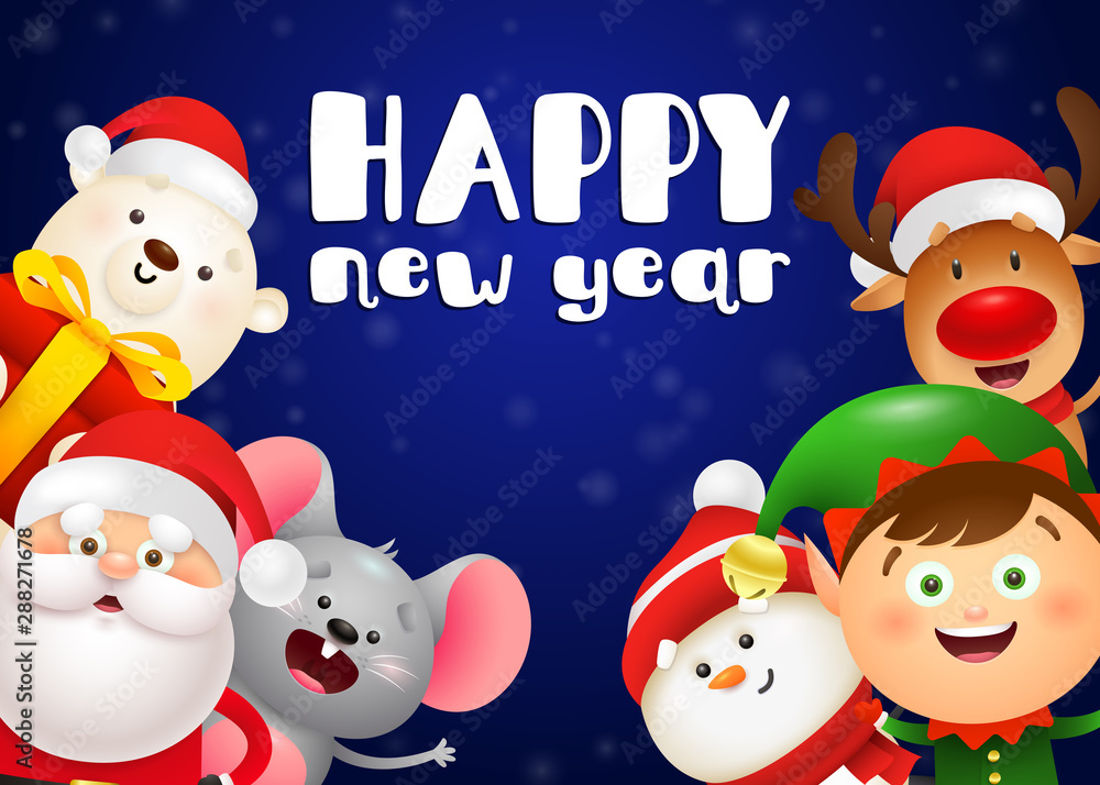 Happy New Year lettering, polar bear, Santa Claus, elf, rat. New Year Day greeting card. Typed text, calligraphy. For leaflets, brochures, invitations, posters or banners. Happy New Year lettering, polar bear, Santa Claus, elf, rat. New Year Day greeting card. Typed text, calligraphy. For leaflets, brochures, invitations, posters or banners.