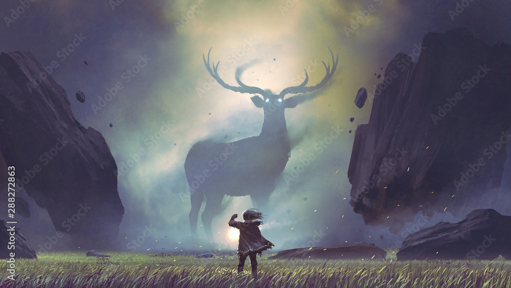 Naklejka mężczyzna z magiczną latarnią naprzeciw gigantycznego jelenia w tajemniczej dolinie, styl sztuki cyfrowej, malarstwo ilustracyjne