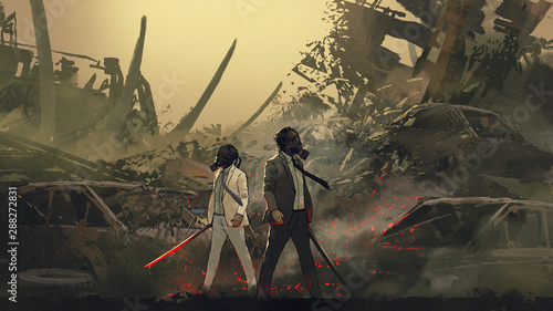 dwóch mężczyzn w masce gazowej trzymających miecz stojących na cmentarzu pojazdów w dystopijnym świecie, styl sztuki cyfrowej, malowanie ilustracji