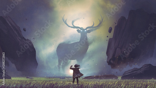 Fototapeta mężczyzna z magiczną latarnią naprzeciw gigantycznego jelenia w tajemniczej dolinie, styl sztuki cyfrowej, malarstwo ilustracyjne