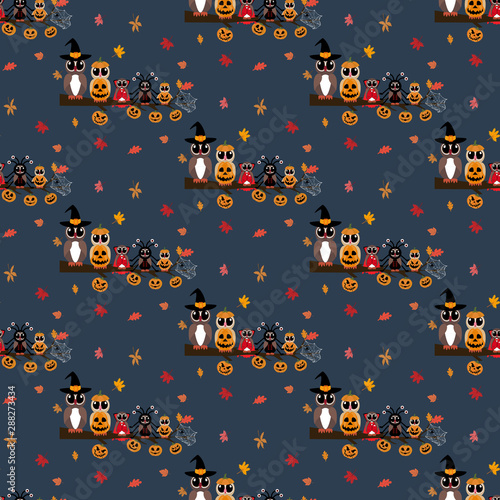 Owls in halloween costumes seamless pattern