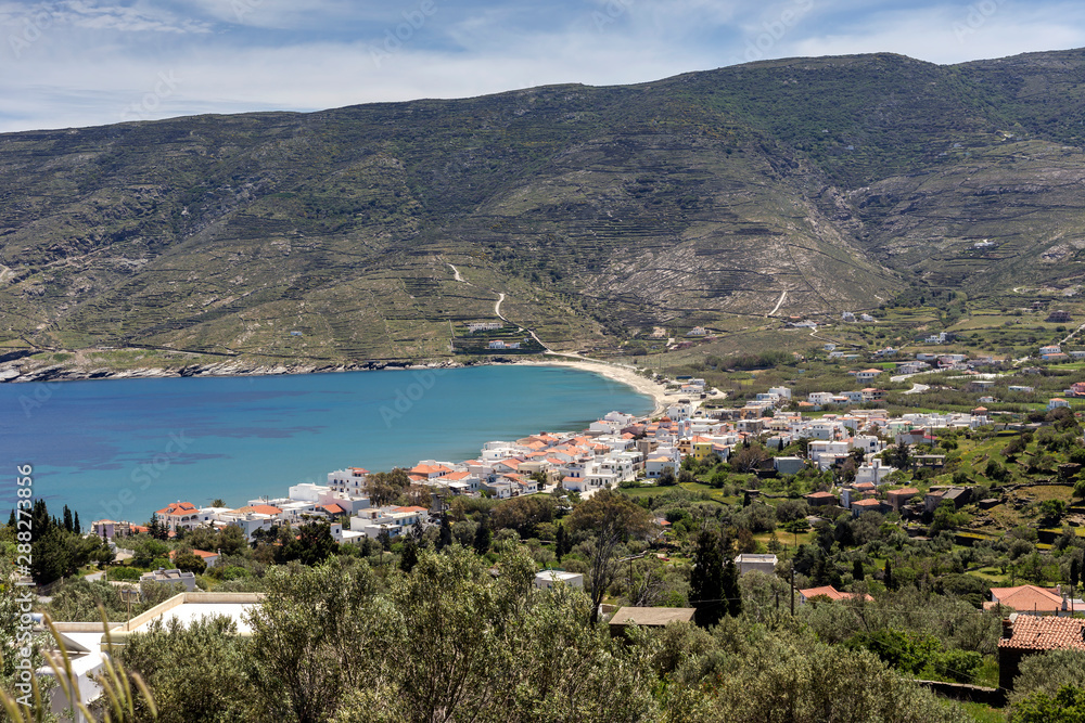 Greek Islands. View of the Korthiou town from high (Andros Island, Cyclades, Greece).