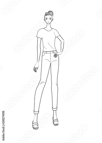 人物 女性 女の人 若い 若い女性 女子 女の子 正面 全身 立っている Tシャツ サンダル ポニーテール シンプル カジュアル シンプルな カジュアルな 白バック 白背景 挿絵 素材 イラスト イラストレーション ベクター 美人 美女 綺麗な キレイ