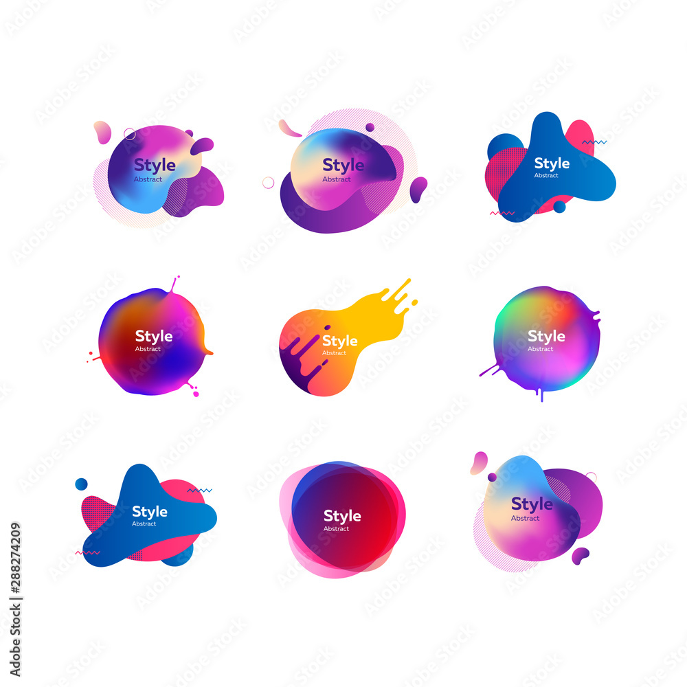 Set of creative multi-colored bubble-shaped objects. Dynamical colored forms and line. Gradient banners with flowing liquid shapes. Template for design of logo, flyer or presentation. Vector - obrazy, fototapety, plakaty 