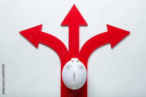 White Piggybank Over Red Arrow Signs Showing Various Direction photo