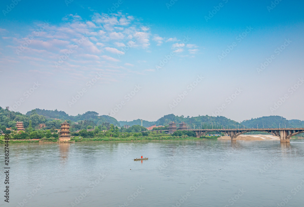 A view of the Weijiang Bridge in Leshan City, Sichuan Province, China