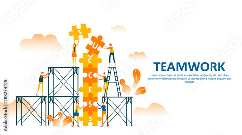 teamwork of people connecting puzzle elements with climbing stair and scaffolding to draw up success text . Business concept flat illustration can use for web banner, info graphics. - Vector photo