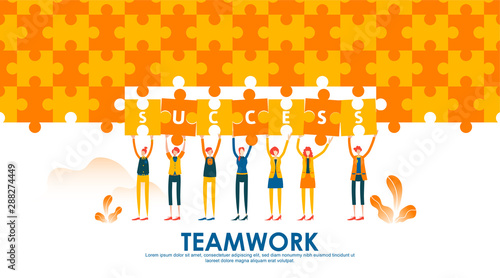Business teamwork concept completing the puzzle. Little people raise their hand holding jigsaw to connect each with success text. Symbol of financial, cooperation, collaboration, partnership. - Vector