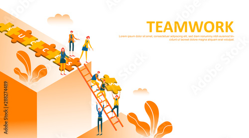 Teamwork of people connecting puzzle elements with climbing stair to arrange success text . Flat people help each other on jigsaw to successful goal. Symbol of cooperation, collaboration. - Vector