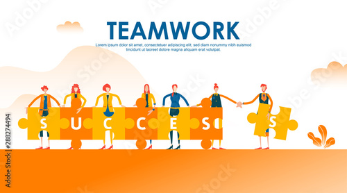 Teamwork concept arrange success text puzzle. Flat people wave hand each other on jigsaw to successful goal. Symbol of financial, cooperation, collaboration, partnership, mutual help. - Vector