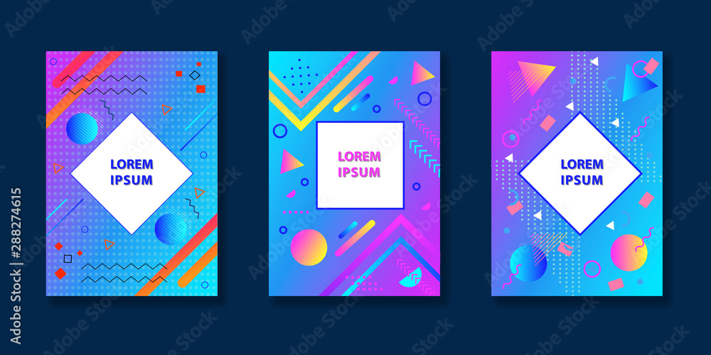 Set of neo memphis style covers. Collection of cool bright covers. Abstract geometric art for covers, banners, flyers and posters. Vector.