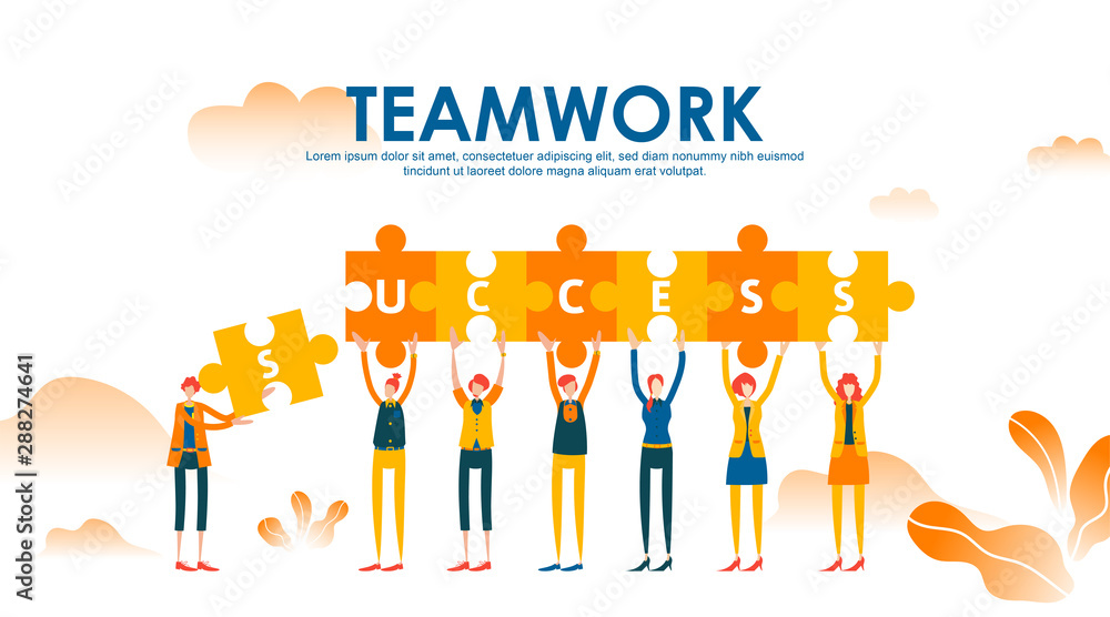 Business concept with puzzle. Teamwork metaphor. Little people raise their hand holding jigsaw to connect each with success text. Symbol of financial, cooperation, collaboration, partnership. - Vector Business concept with puzzle. Teamwork metaphor. Little people raise their hand holding jigsaw to connect each with success text. Symbol of financial, cooperation, collaboration, partnership. - Vector