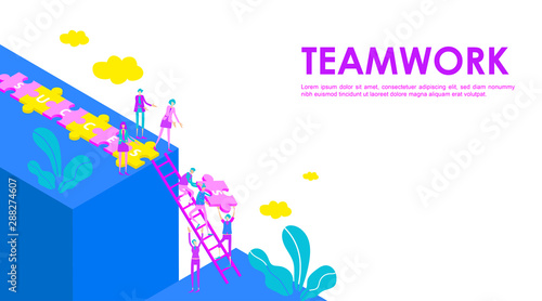 Business concept of vector illustration teamwork, little people raised and arrange the success text, climb the successful ladder, stairway symbol of problems and obstacles, cooperation. - Vector